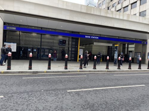 Bank Station, the new entrance in Cannon street in April 2023. 