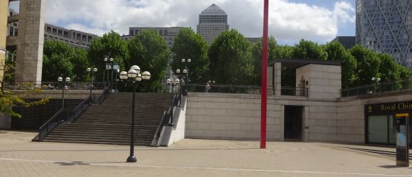 Canary Wharf Pier - steps and lift to street level, Westferry circus, and West India avenue