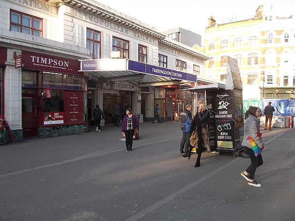 Farringdon station, entrance to Metro and Circle lines - in February 2019