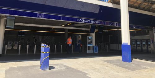 Liverpool street Moorgate entrance - one end of new Liverpool street Elizabeth Line