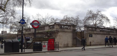 Temple station from across the road, in March 2020, a good vantage point above, via steps